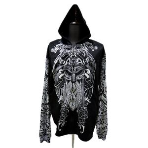MonkStars Men's 3XL Hoodie Black Gray White Viking Tribal Graphics Long Sleeve